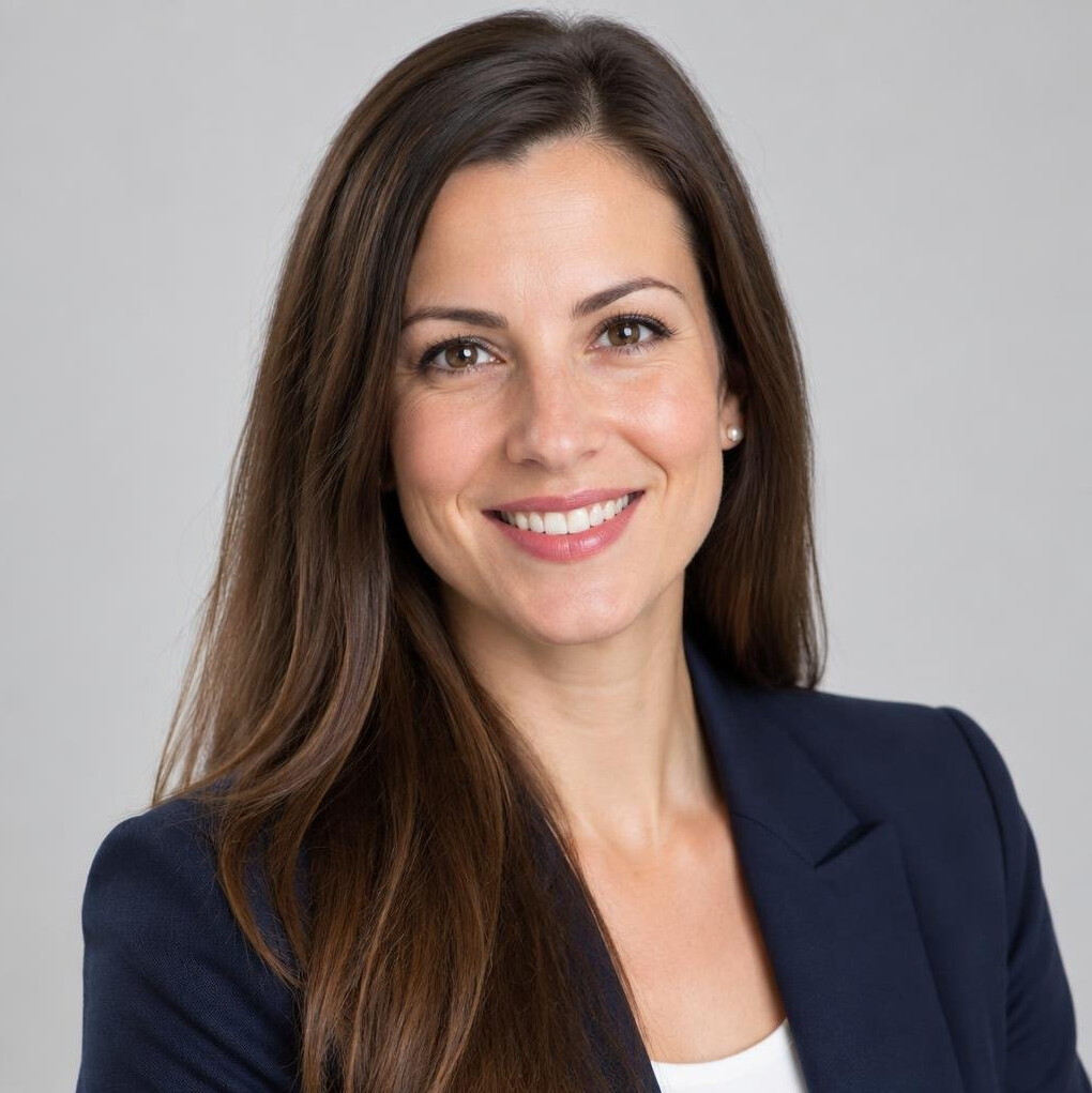 Studio portrait of a smiling woman with long brown hair in business attire