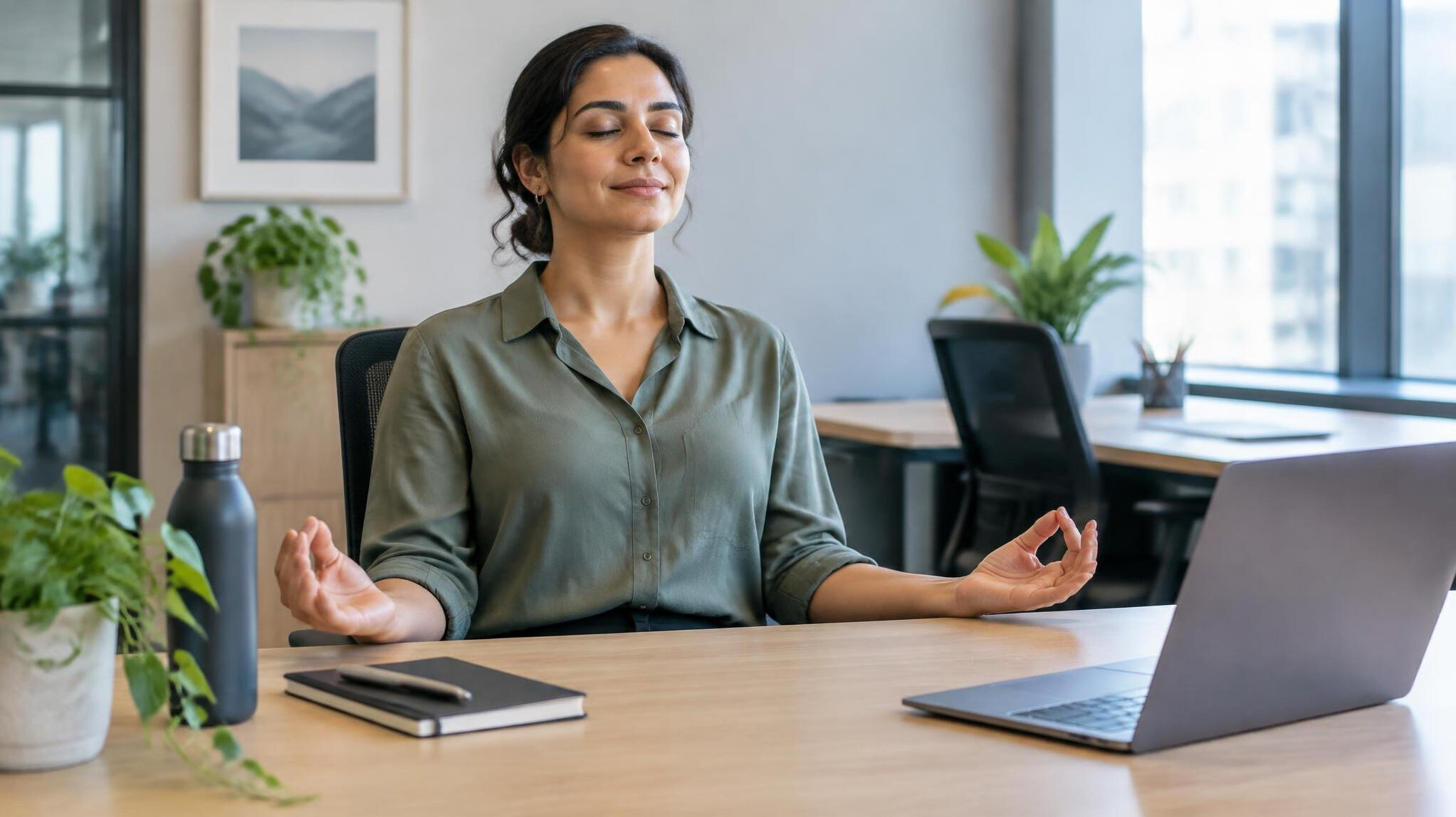 person meditating at desk