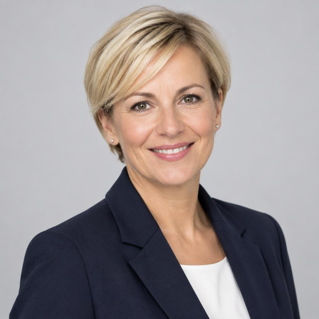 Studio portrait of a smiling woman with short blonde hair