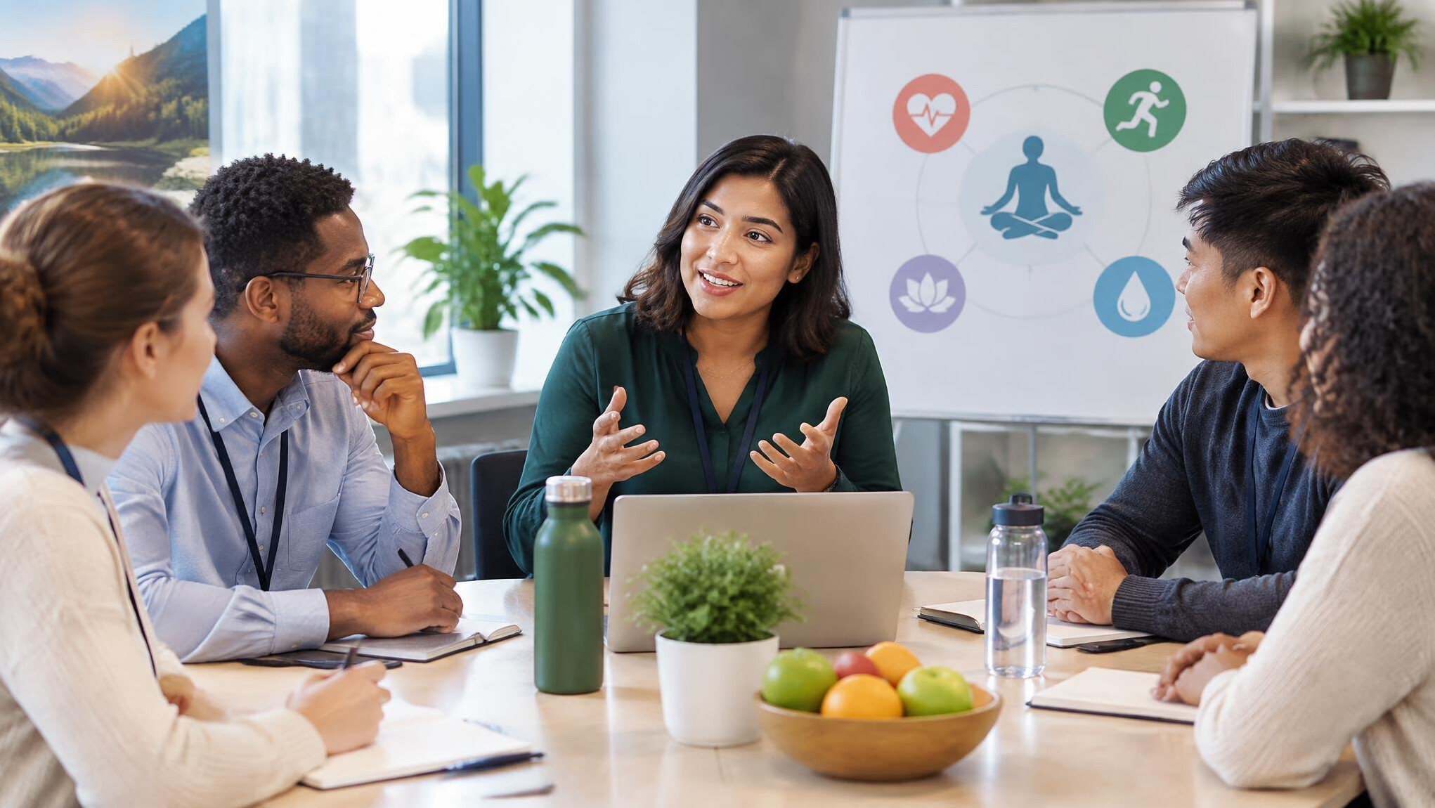 team discussing wellness in office