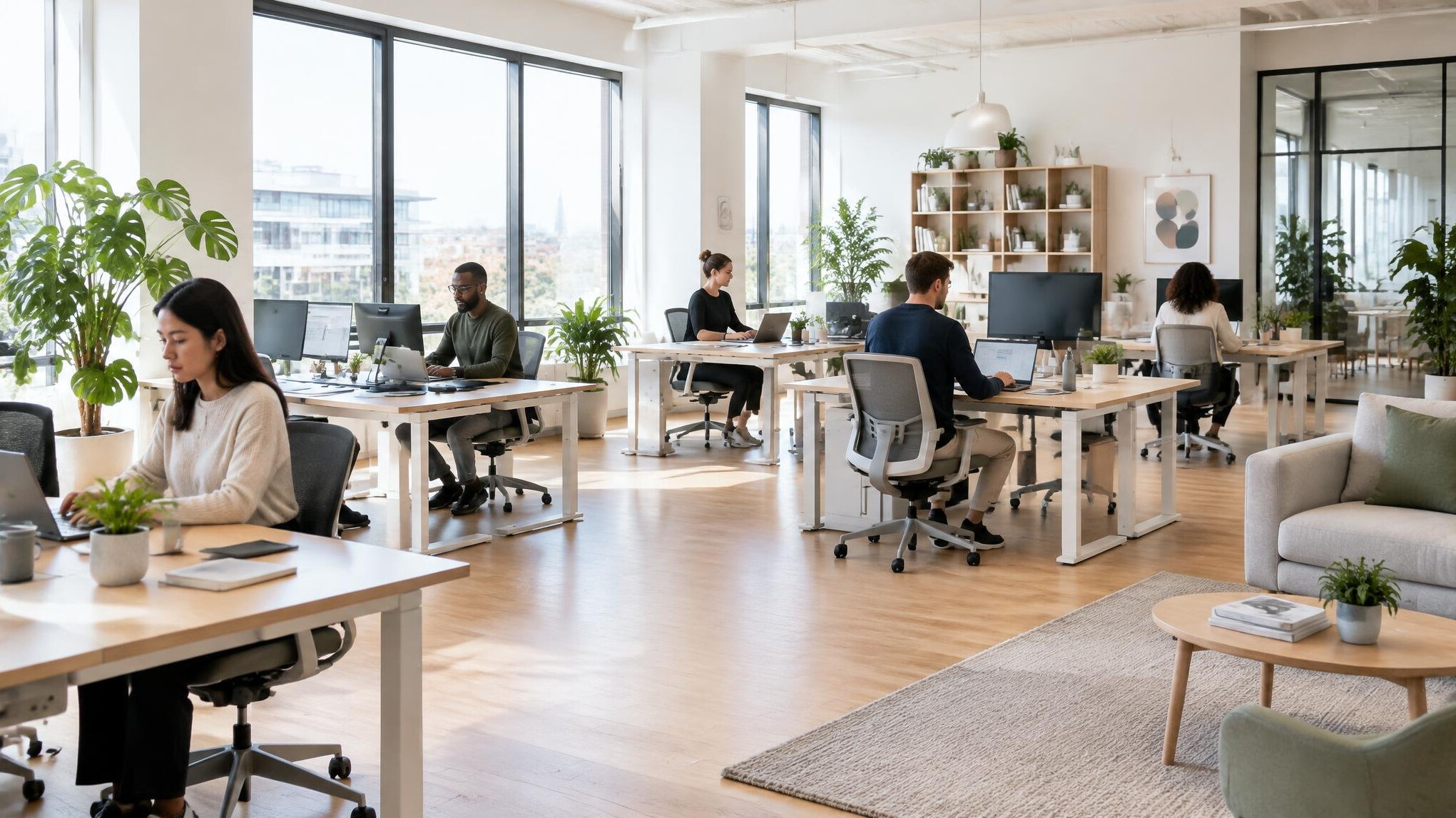 Bright open-plan office interior with employees working at desks