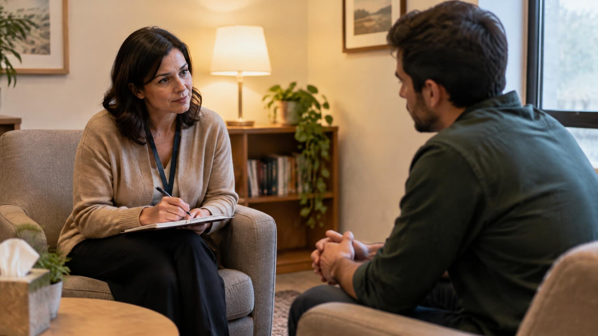 Counselor and employee having a supportive conversation in a quiet office room