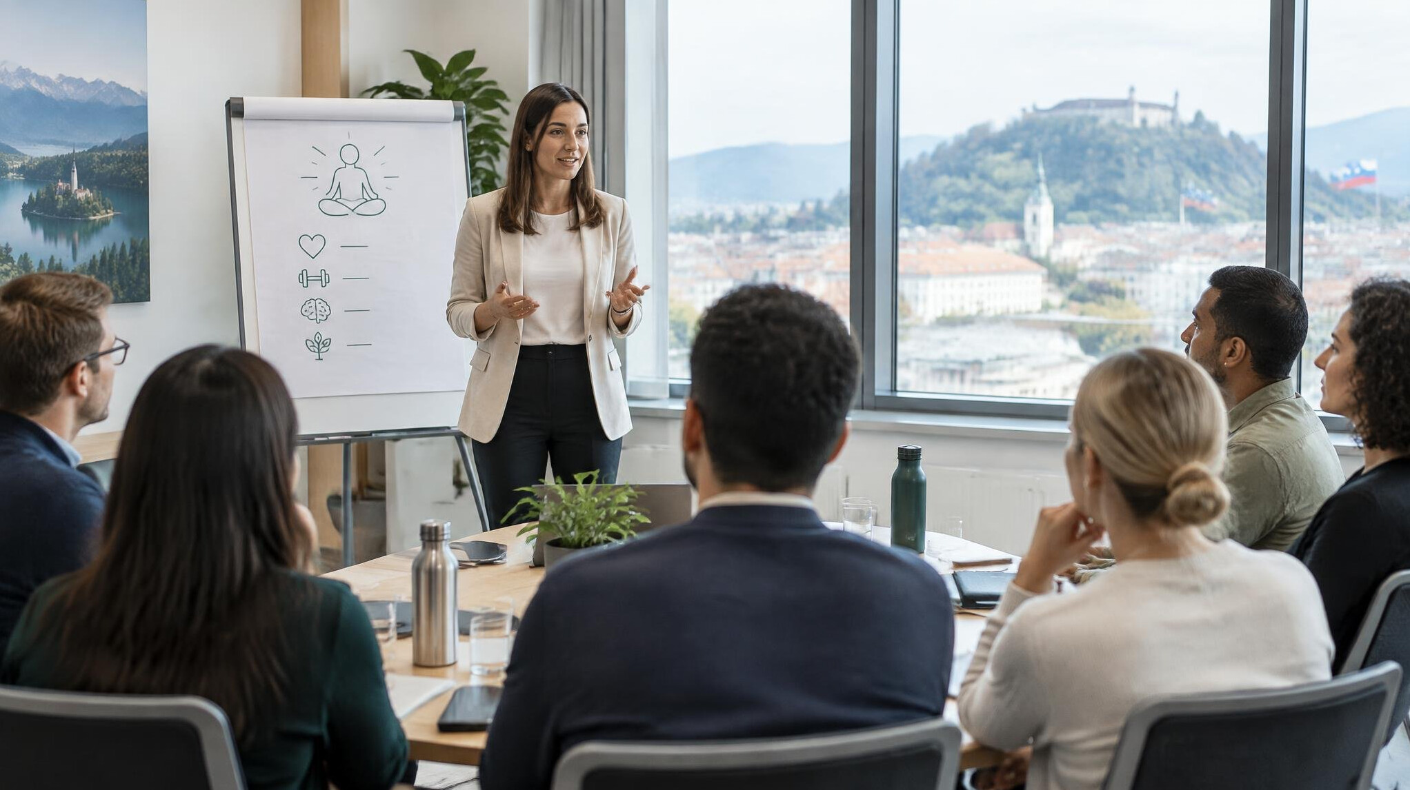 Corporate wellness workshop with employees listening to a presenter