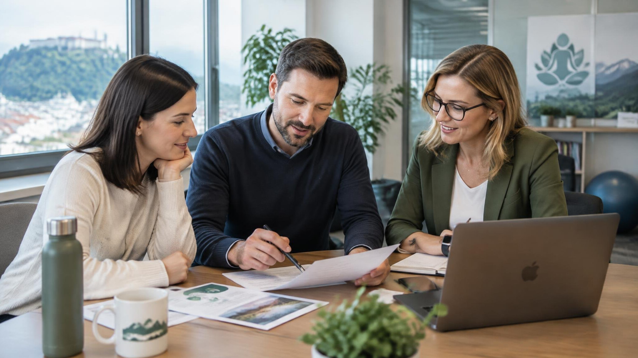 HR team discussing an employee wellness program around a table