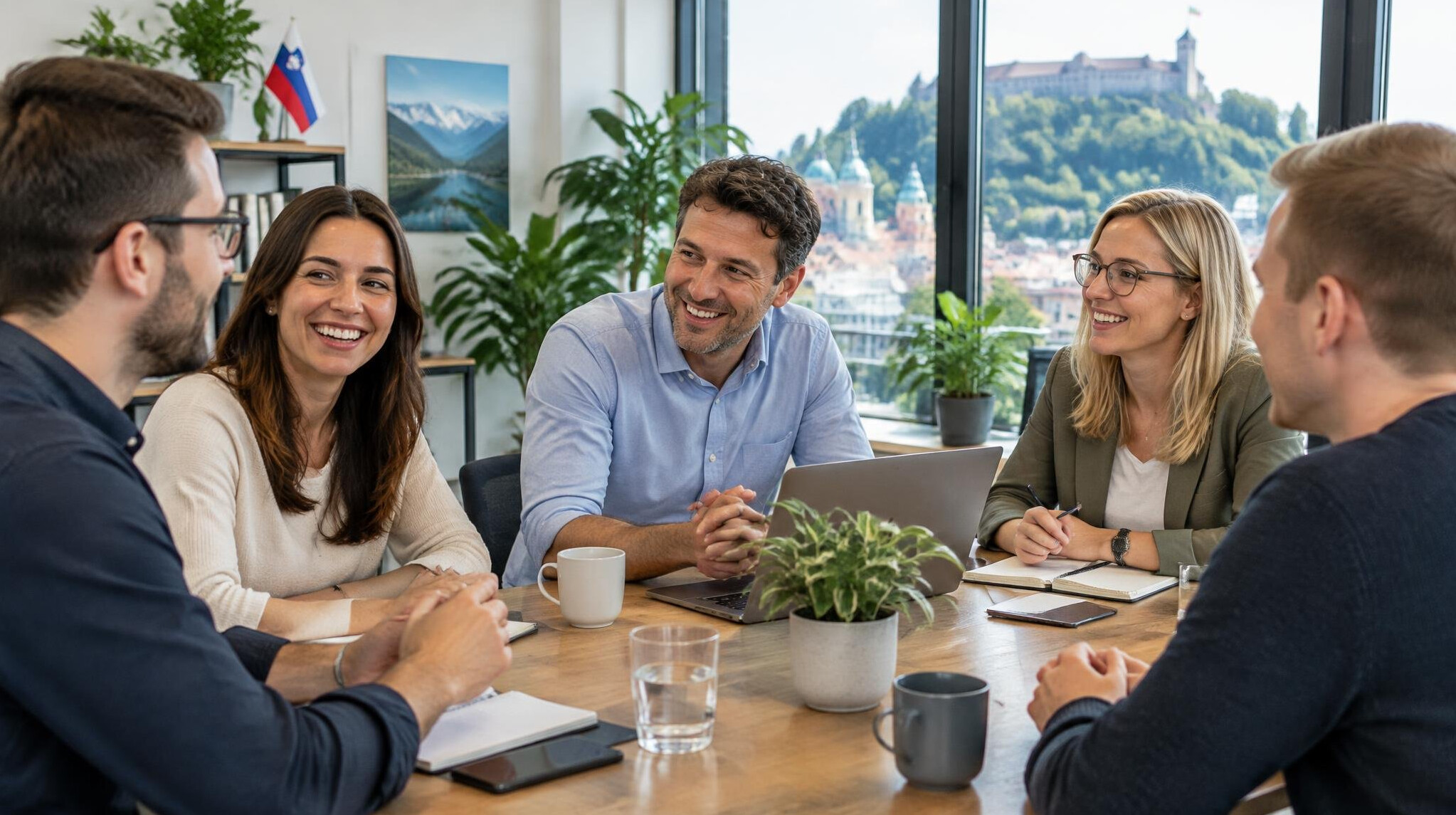 Team of colleagues having a friendly discussion in a bright modern office