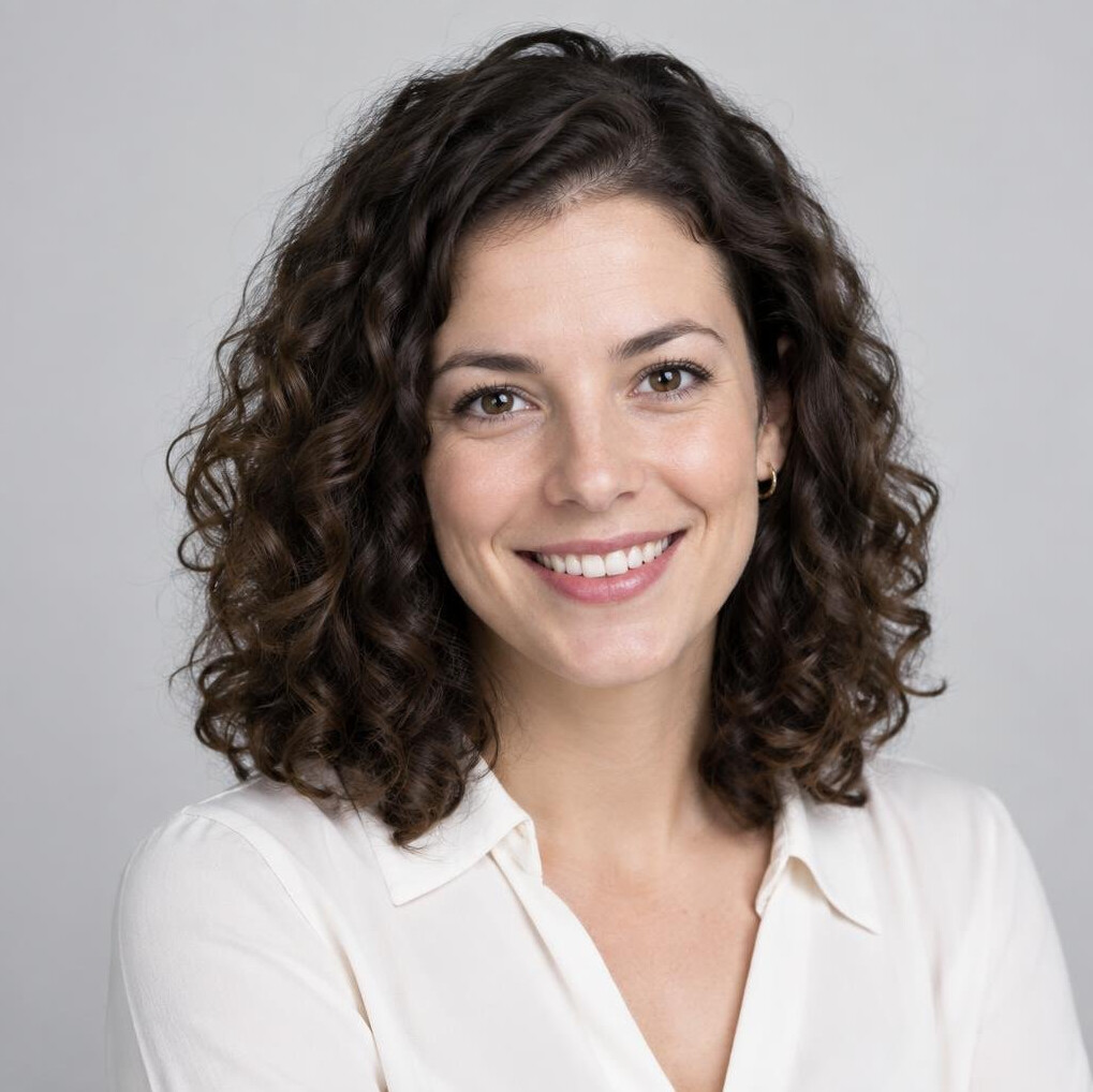 Studio portrait of a smiling young woman with curly hair