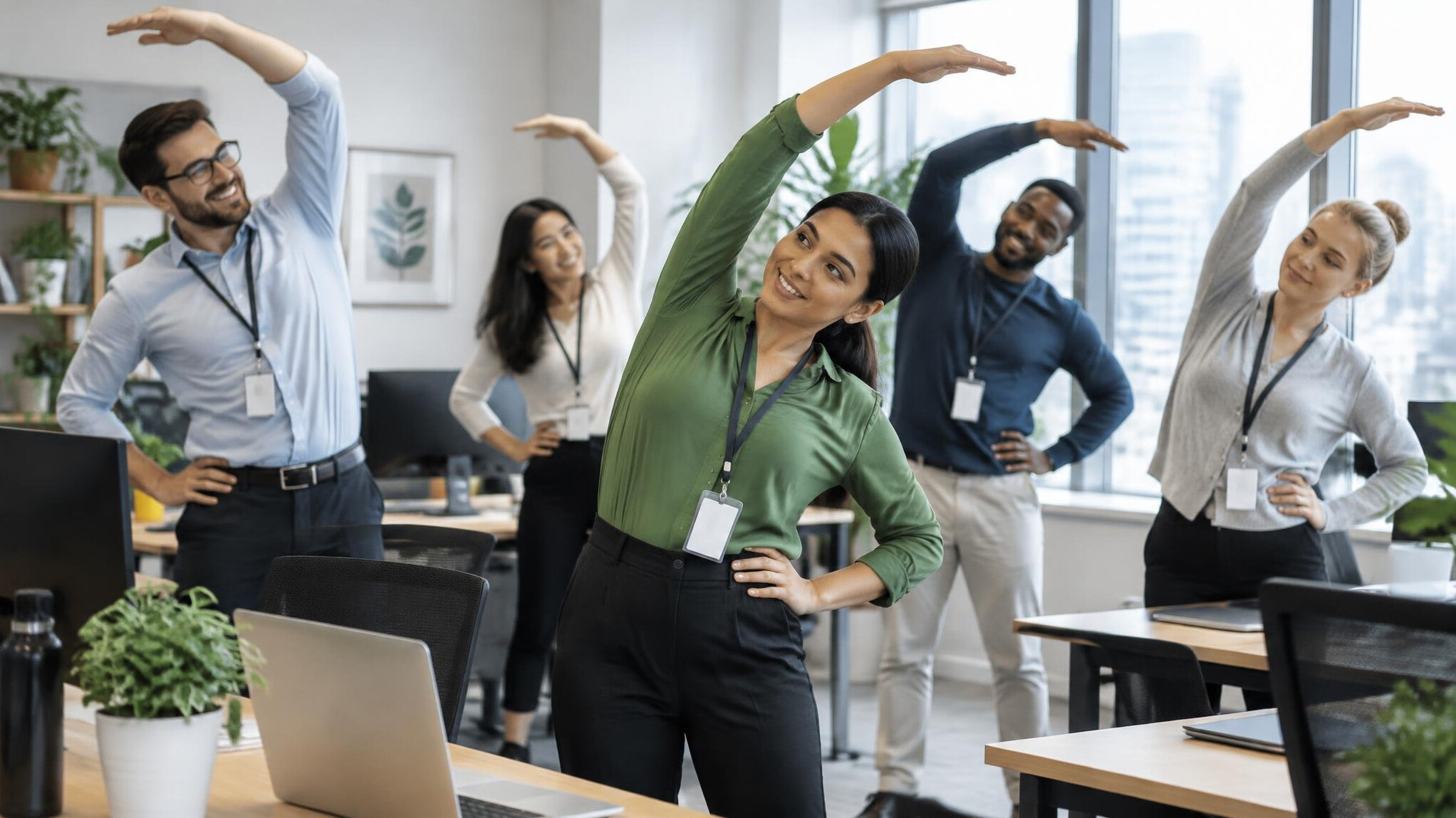office team stretching together