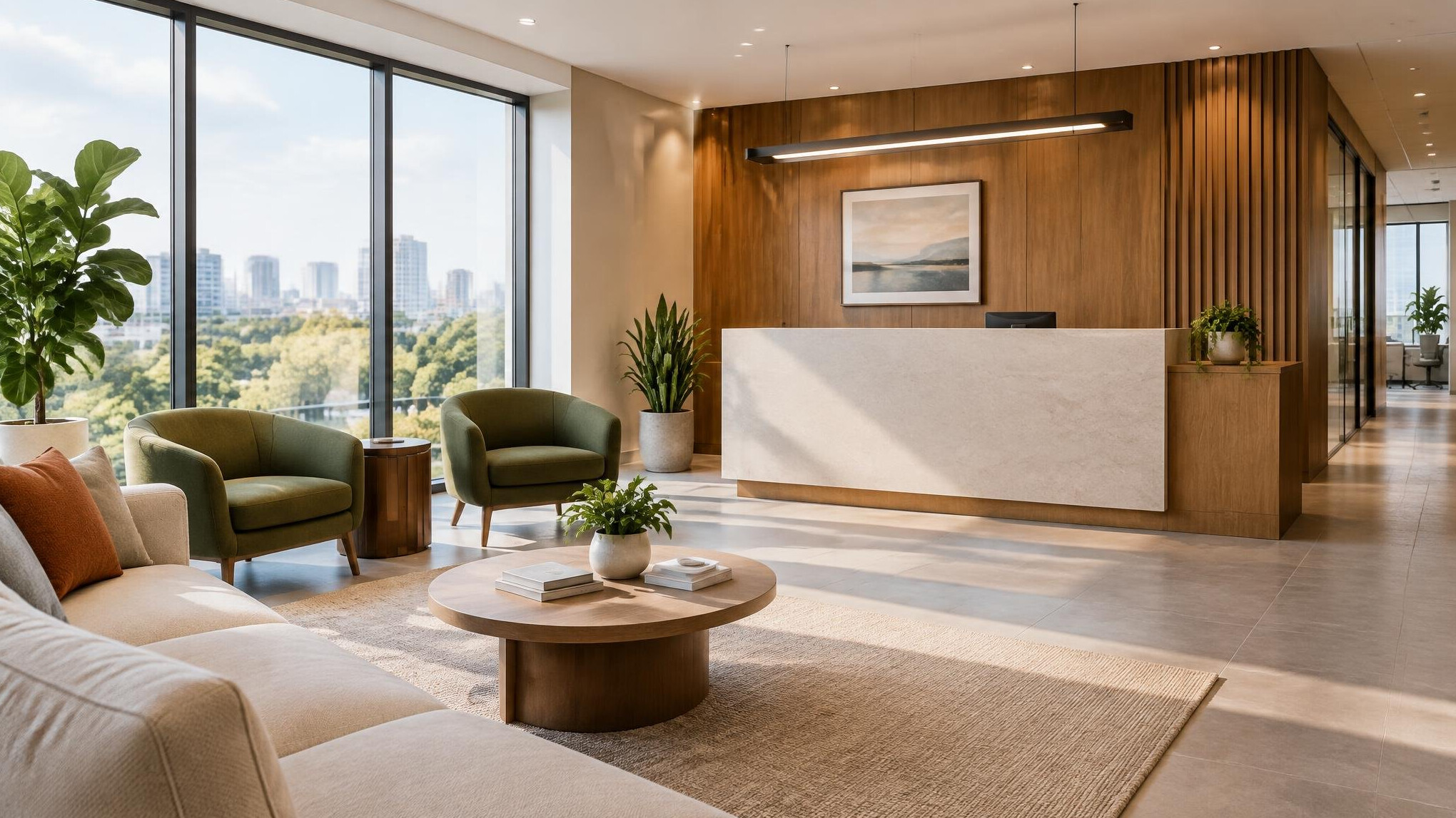 Modern office reception and waiting area with comfortable seating
