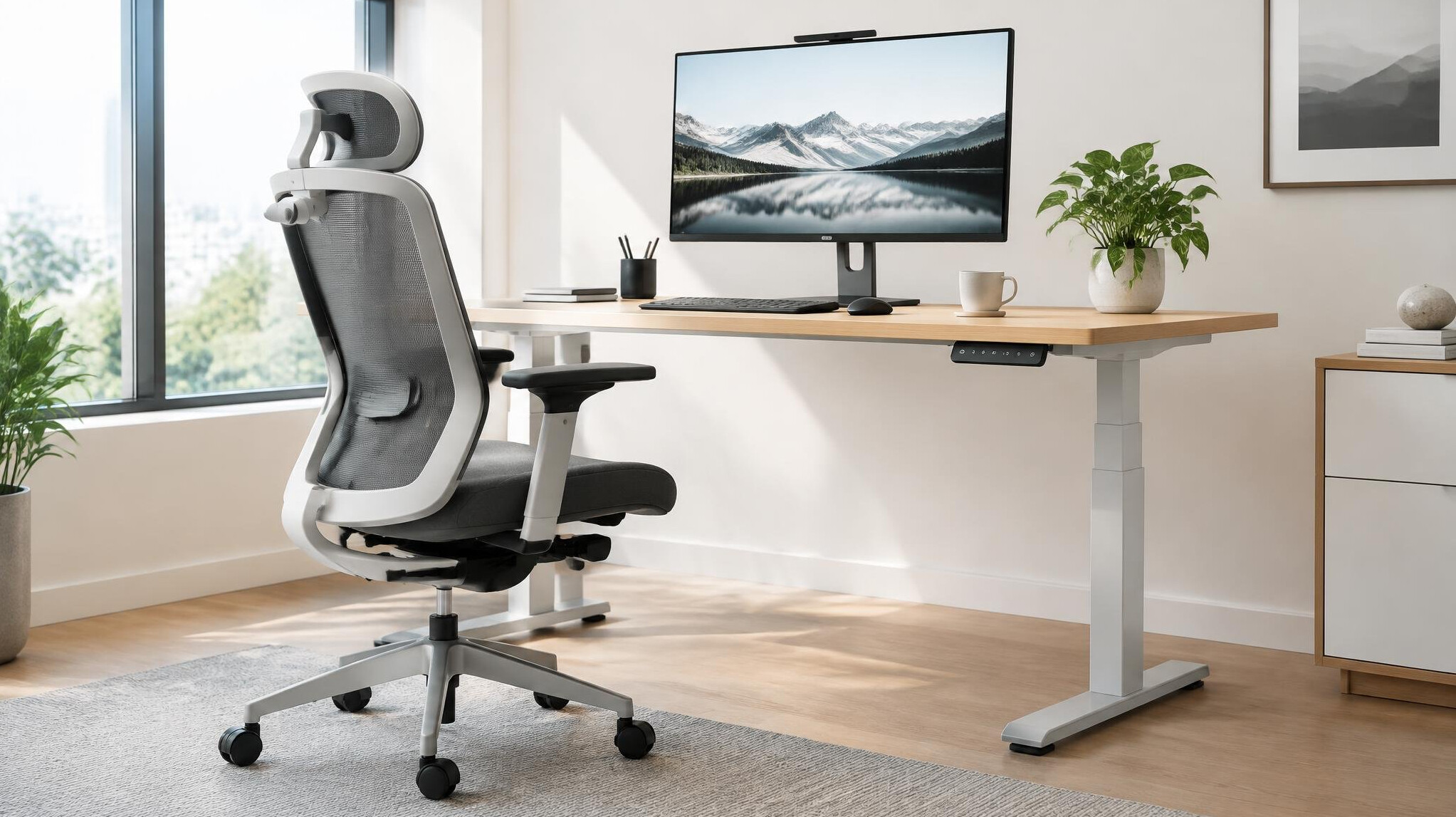 Ergonomic office desk setup with adjustable chair and monitor